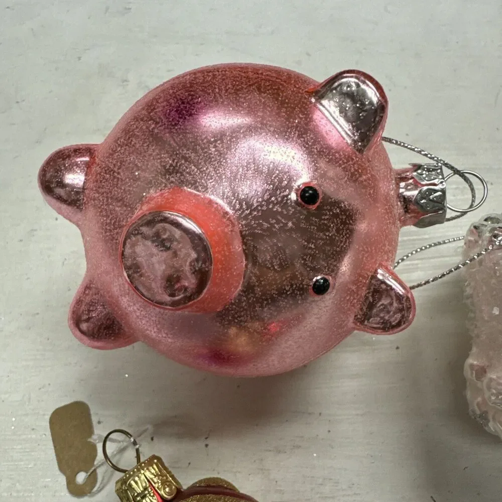 Lot of 3 Blown Glass Tree Ornaments Vtg‎ Christmas + Teddy Bear + Piggy + Cake